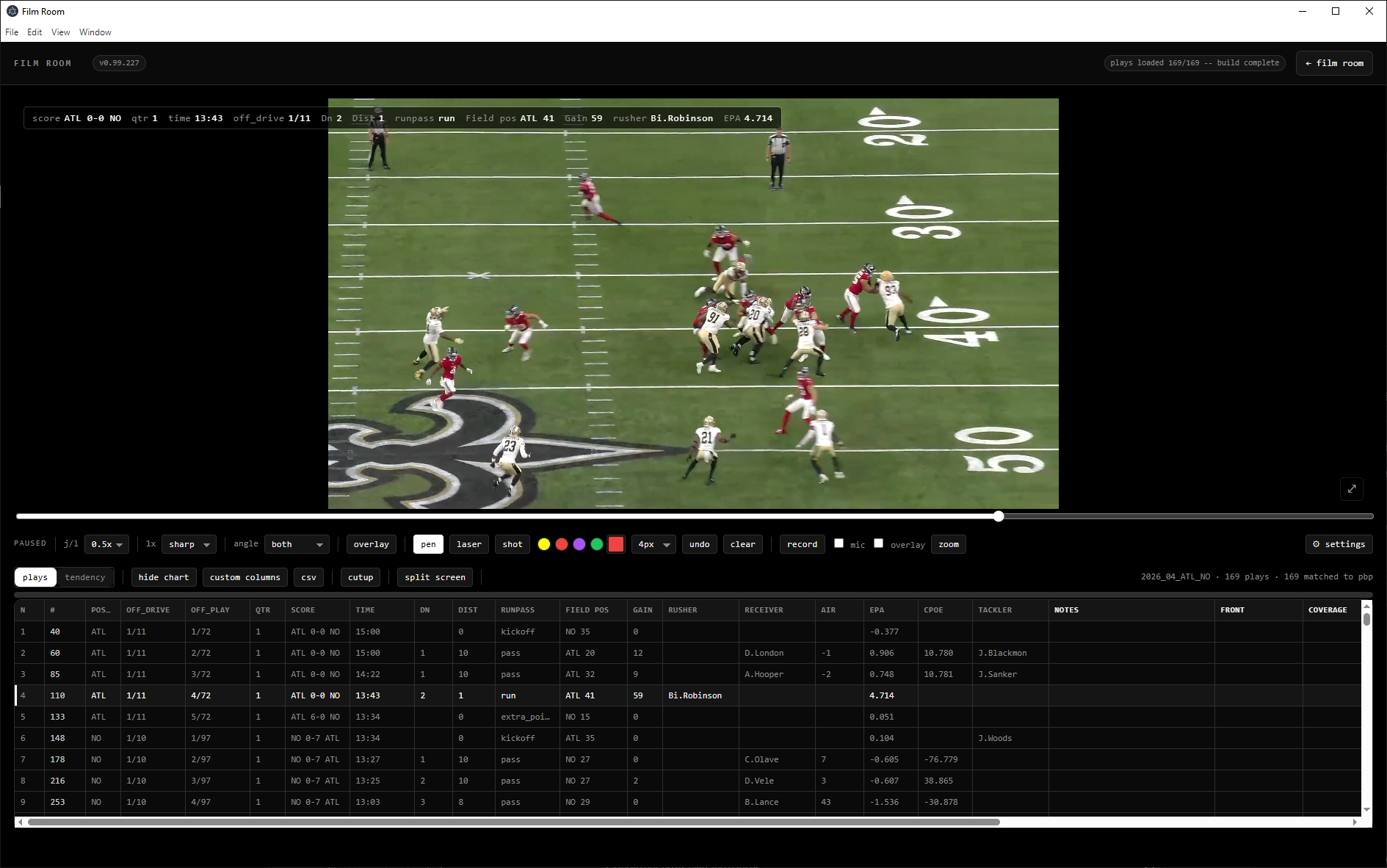 The FilmRoom screen: a play from the All-22 sideline angle with the play list and play-by-play beside it